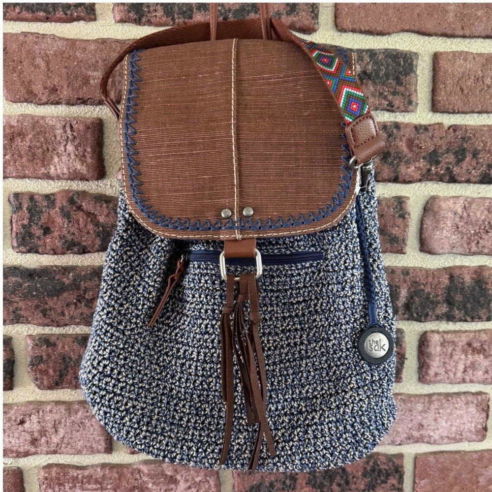 The Sak Brown & Navy Woven Backpack with Tassel Fringe and Embroidered Strap